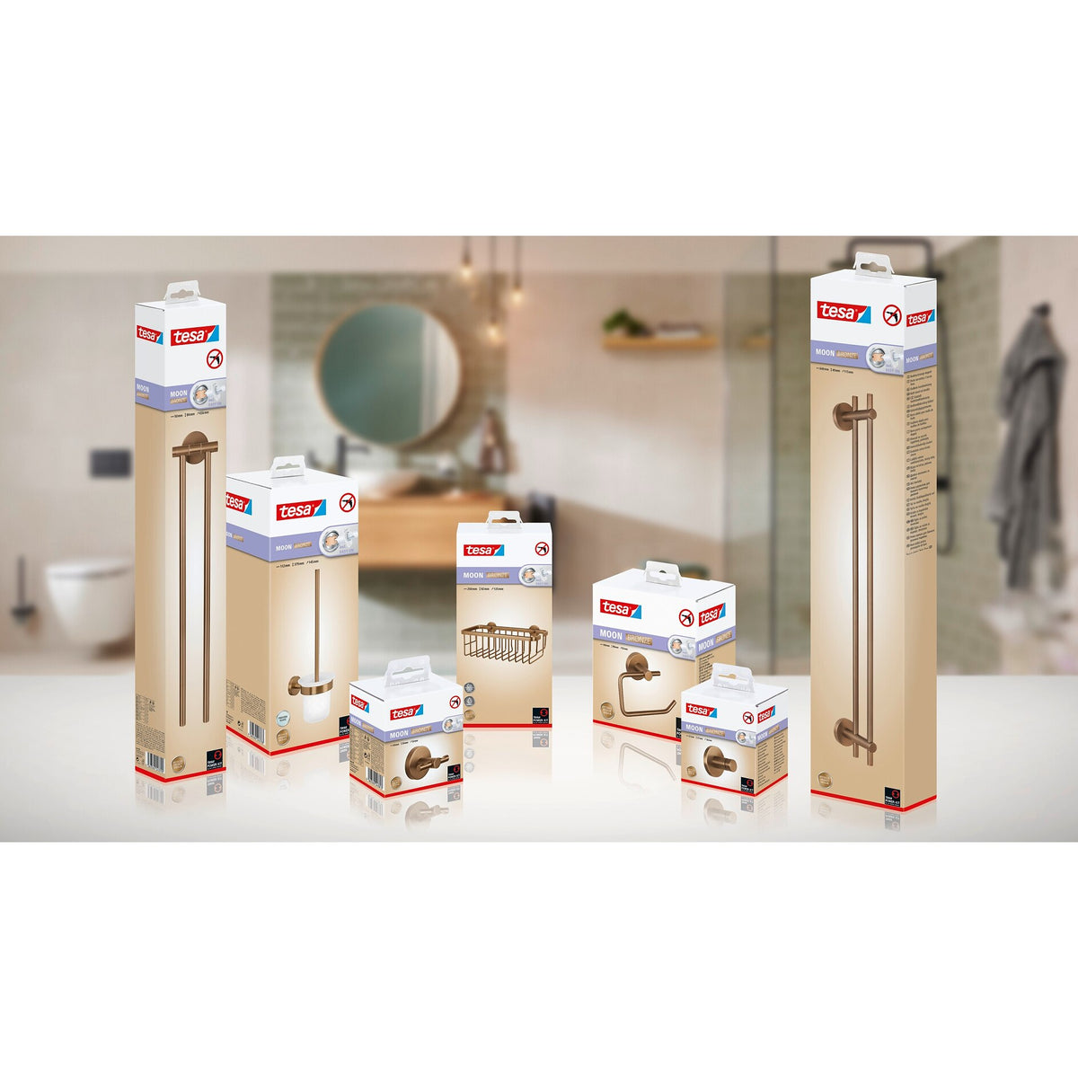 tesa MOON Bronze Handtuchhaken, selbstklebend, Metall PVD-beschichtet – Sortiment