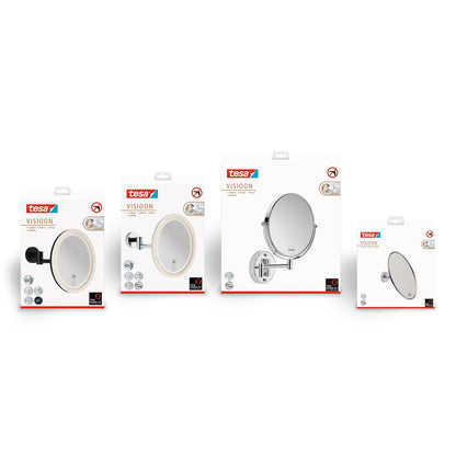 tesa VISIOON LED-Kosmetikspiegel Schwenkarm, selbstklebend, mattschwarz pulverbeschichtetes Metall, mattschwarzer Kunststoff – Sortiment