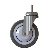 La ruota del carrello TASKI - Standard (125mm, 1 pezzo) di Diversey Deutschland GmbH & Co. OHG è una ruota girevole per sistemi di carrelli TASKI nella pulizia professionale, raffigurata con un albero metallico e pneumatico in gomma grigia su sfondo bianco.