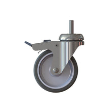 La ruota TASKI Trolley 100mm con freno di Diversey Deutschland GmbH & Co. OHG è una ruota girevole con freno, pneumatico grigio, forcella in metallo e montante centrale per Trolley TASKI; include leva del freno in metallo. Venduto come unità singola.