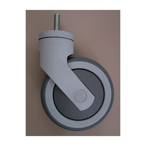 Una singola ruota di ricambio del carrello Protect di Diversey Deutschland GmbH & Co. OHG, grigia con perno filettato, è posizionata verticalmente su uno sfondo semplice e marrone chiaro. La confezione contiene 1 pezzo.