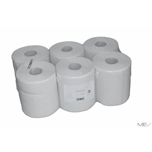Sei rotoli di asciugamani Midi, 2 veli, bianchi (ognuno 20 cm x 140 m) di Abena Re-Seller GmbH sono confezionati in plastica trasparente con un'etichetta bianca. La confezione contiene 6 rotoli e appare su uno sfondo bianco semplice.