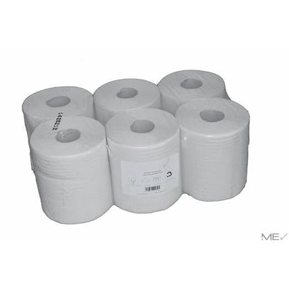 Sei rotoli di asciugamani Midi, 2 veli, bianchi (ognuno 20 cm x 140 m) di Abena Re-Seller GmbH sono confezionati in plastica trasparente con un'etichetta bianca. La confezione contiene 6 rotoli e appare su uno sfondo bianco semplice.