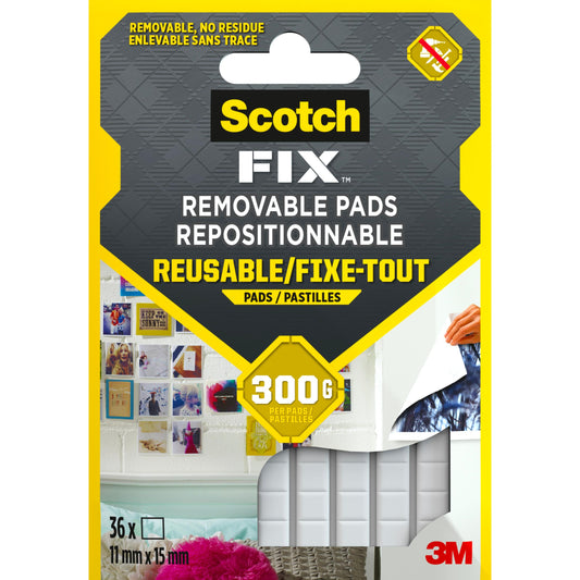 Die Abbildung zeigt eine Packung Scotch-FIX™ Ablösbare Klebepads 301008C36-P (11mm x 15mm, 36 Stück) von 3M Deutschland GmbH. Die Verpackung zeigt Fotos der Klebepads im Einsatz und trägt das 3M-Logo.