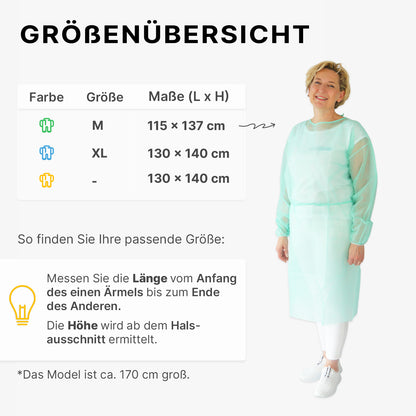 Una donna in un camice protettivo monouso ARNOMED PROTECT PP-SCHUTZKITTEL verde chiaro in tessuto non tessuto PP di ARNOWA GmbH è in piedi accanto a una tabella delle taglie con i colori dei camici, taglie M, XL, -, le misure in cm e una guida per misurare lunghezza e taglia.