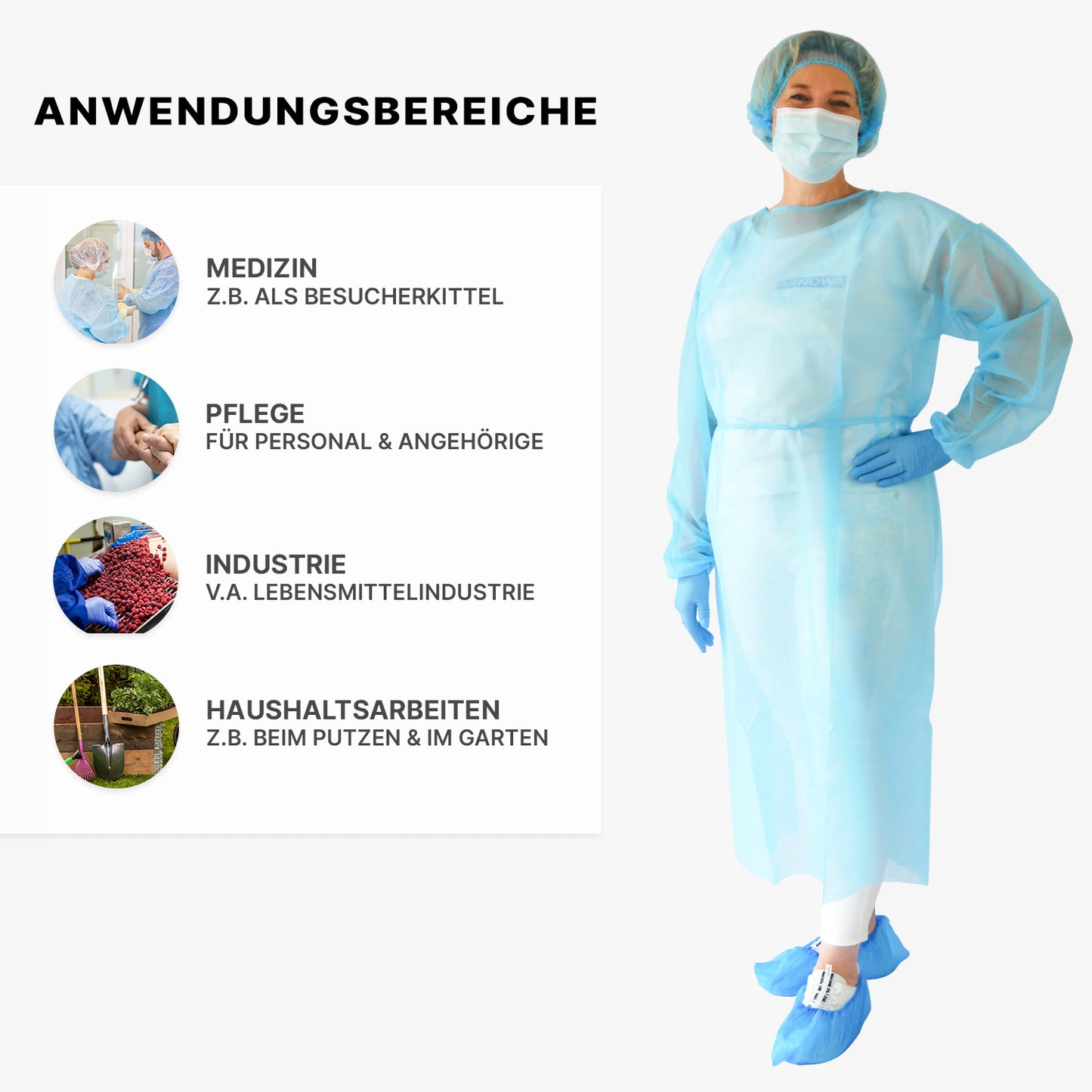 Una persona indossa un camice protettivo monouso ARNOMED PROTECT PP-SCHUTZKITTEL in tessuto non tessuto PP di ARNOWA GmbH, insieme a maschera, cappello, guanti e copriscarpe. A sinistra: applicazioni - medicina, assistenza, industria, casa - con foto e descrizioni in tedesco.