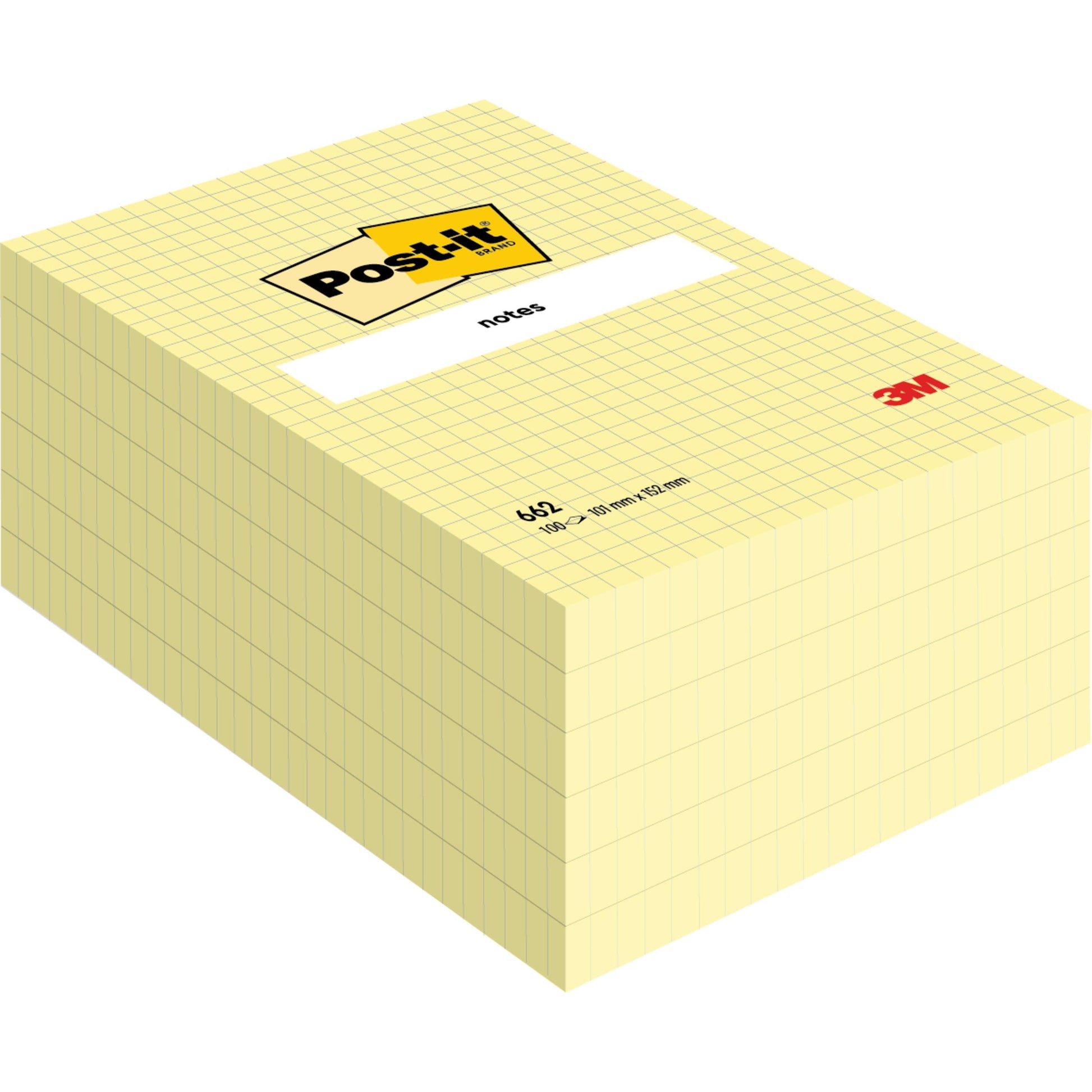 Ein Stapel großer, gelber, gerasterter Post-it® Notizzettel (101 x 152 mm, 100 Blatt), von 3M Deutschland GmbH, beschriftet mit "notes" und gekennzeichnet mit der Nummer 654 sowie Angaben in schwarz.