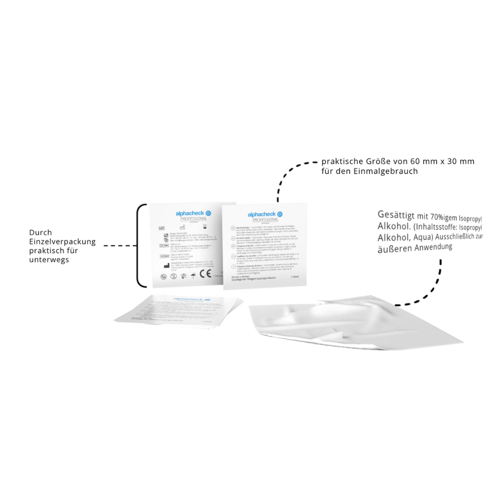 Ein einzeln verpackter Alphacheck Professional Alkoholtupfer 3 x 6 cm von Berger Med GmbH (Packung, 100 Stück) wird neben einer geöffneten Packungsbeilage gezeigt, in der die kompakte Größe, der 70%ige Isopropylalkoholgehalt und die desinfizierende Wirkung hervorgehoben werden.