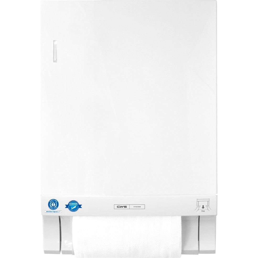 Ein weißer CWS ParadiseLine Stoffhandtuchspender Dry Slim für die Wandmontage mit einer Platte, einer teilweise sichtbaren Handtuchrolle im unteren Bereich und Etiketten am unteren Rand.