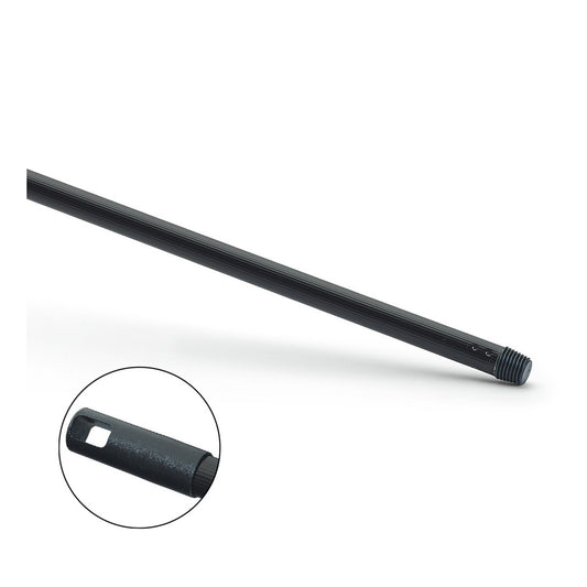 Der schwarze, gerippte Nölle Profi Brush Metallstiel kunststoffummantelt mit Gewinde von Nölle Profi Brush Bürsten- & Pinseltechnik e.K. verfügt über ein Gewinde und eine rechteckige Aussparung in der Nähe der Spitze, die mit einer Nahaufnahme von Details gezeigt wird.