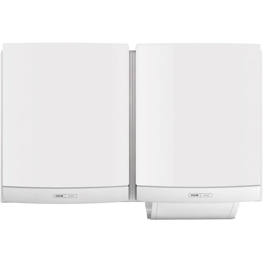 Zwei weiße CWS ParadiseLine Stoffhandtuchspender DUO inklusive Panel sind nebeneinander montiert. Der rechte Spender zeigt ein teilweise gespendetes Handtuch und bietet eine hygienische Lösung mit kleinen Etiketten in Bodennähe. Marke: CWS.