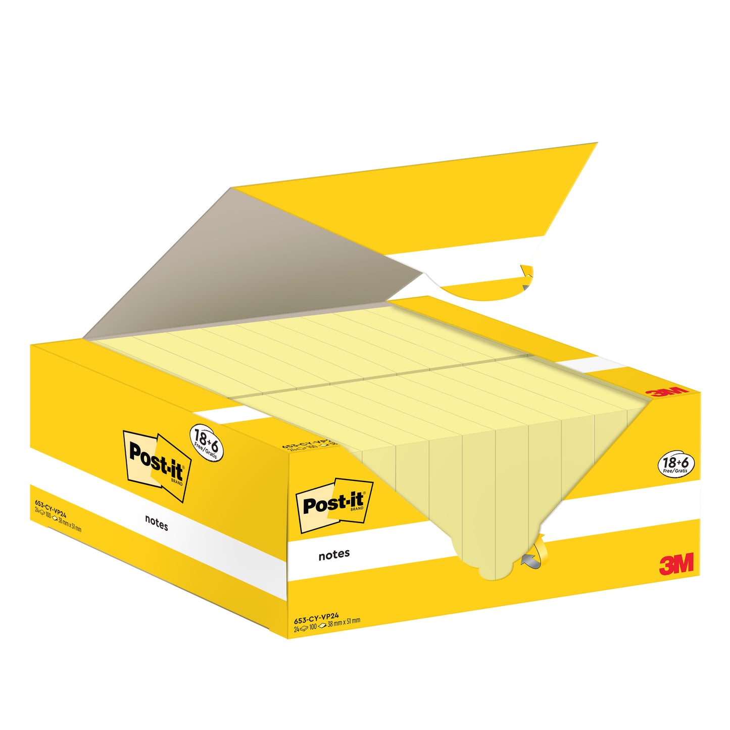 Eine geöffnete gelb-weiße Schachtel von Post-it® Notes (3M Deutschland GmbH) zeigt mehrere gelbe Notizzettel im Inneren. Der Karton enthält 18 Blöcke + 6 Gratis (38x51mm, 100 Blatt/Block), PEFC zertifiziert, mit Logo und Produktangaben.