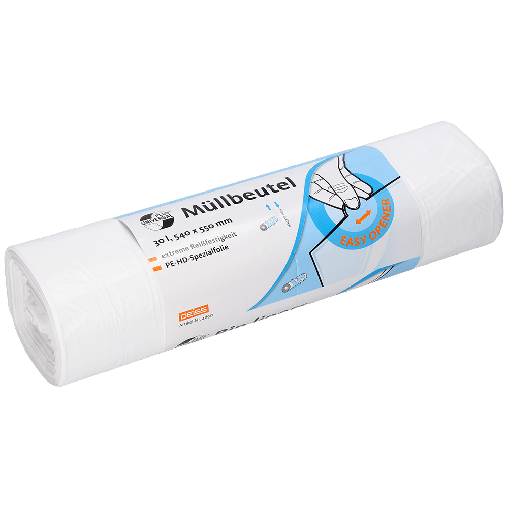 Un rotolo di sacchetti della spazzatura bianchi DEISS 46917 (540x550x0,015 mm, 100 pezzi) di EMIL DEISS KG (GmbH + Co.) in confezione di plastica con informazioni in tedesco e un'illustrazione a strappo - ideale per lo smaltimento pratico dei rifiuti.