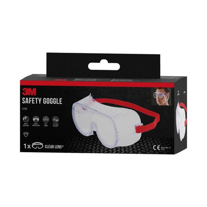 Una scatola rettangolare degli occhiali di protezione 3M™ Classic 4700 con lenti trasparenti e fascia rossa ha un imballaggio nero con testo rosso/bianco, simboli di sicurezza e mette in evidenza il design ventilato direttamente di 3M Deutschland GmbH.