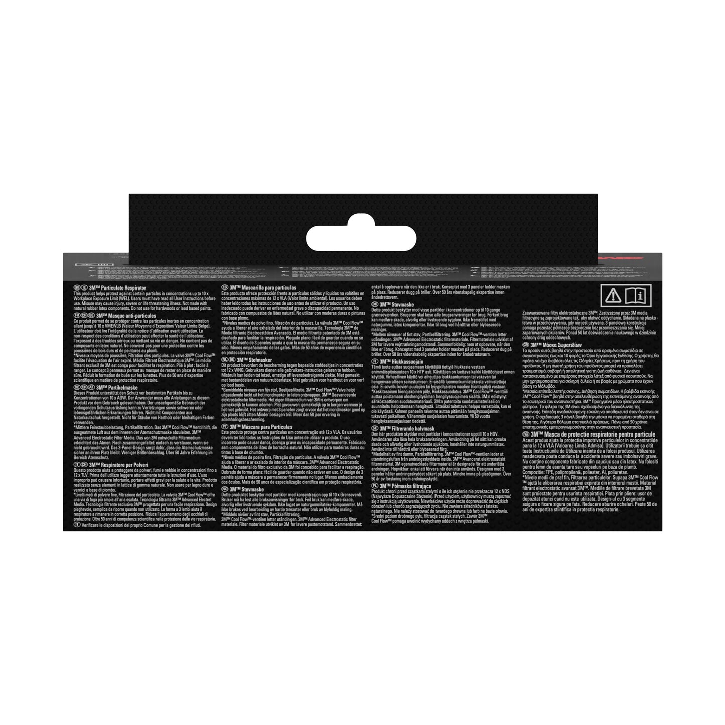 L'immagine mostra il retro di una 3M™ Aura™ Comfort Cool Flow™ Maschera antiparticolato 9322+ (FFP2, con valvola) di 3M Deutschland GmbH con diversi blocchi di testo bianchi in più lingue su sfondo nero, una linguetta per appendere al centro in alto e simboli in alto a destra.