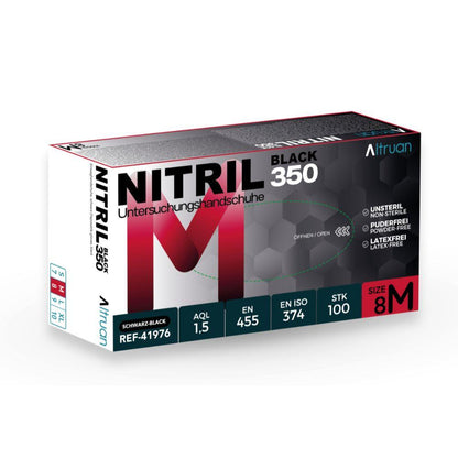 Una scatola di guanti monouso Altruan Nitril 350 Black, neri, di BINGOLD GmbH + Co. KG. La confezione è nero-rosso-bianco e descrive i guanti in nitrile senza lattice in tedesco e inglese. Taglia 8 M.