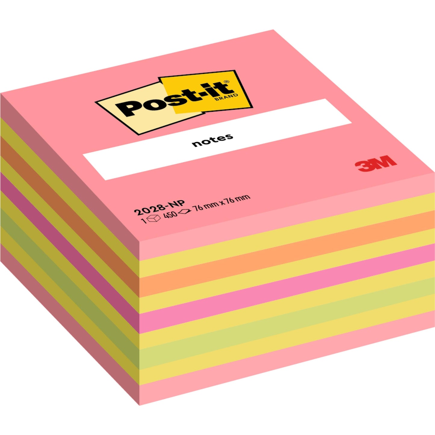 Un cubo con 450 fogli di Post-it® Notes (76 x 76 mm) della 3M Deutschland GmbH, con note rosa, gialle e verdi. Codice prodotto: 2028-NP. Realizzato con carta certificata 100% PEFC.