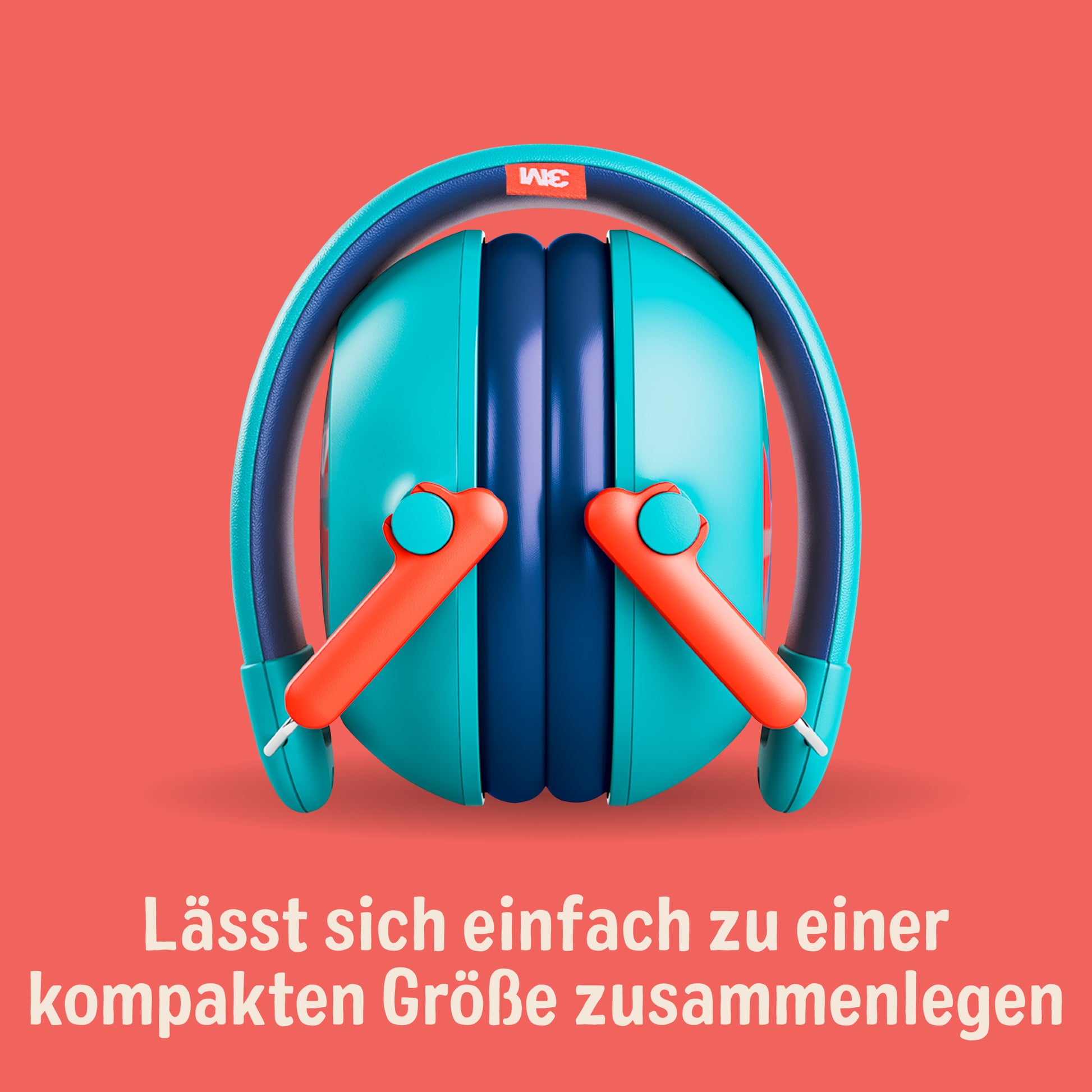 Ein 3M™ Gehörschutz für Kinder PKIDSP-TEAL-E in türkis (87-98 dB) von 3M Deutschland GmbH liegt vor korallenfarbenem Hintergrund. Deutsch am unteren Rand: "Lässt sich einfach zu einer kompakten Größe zusammenlegen.