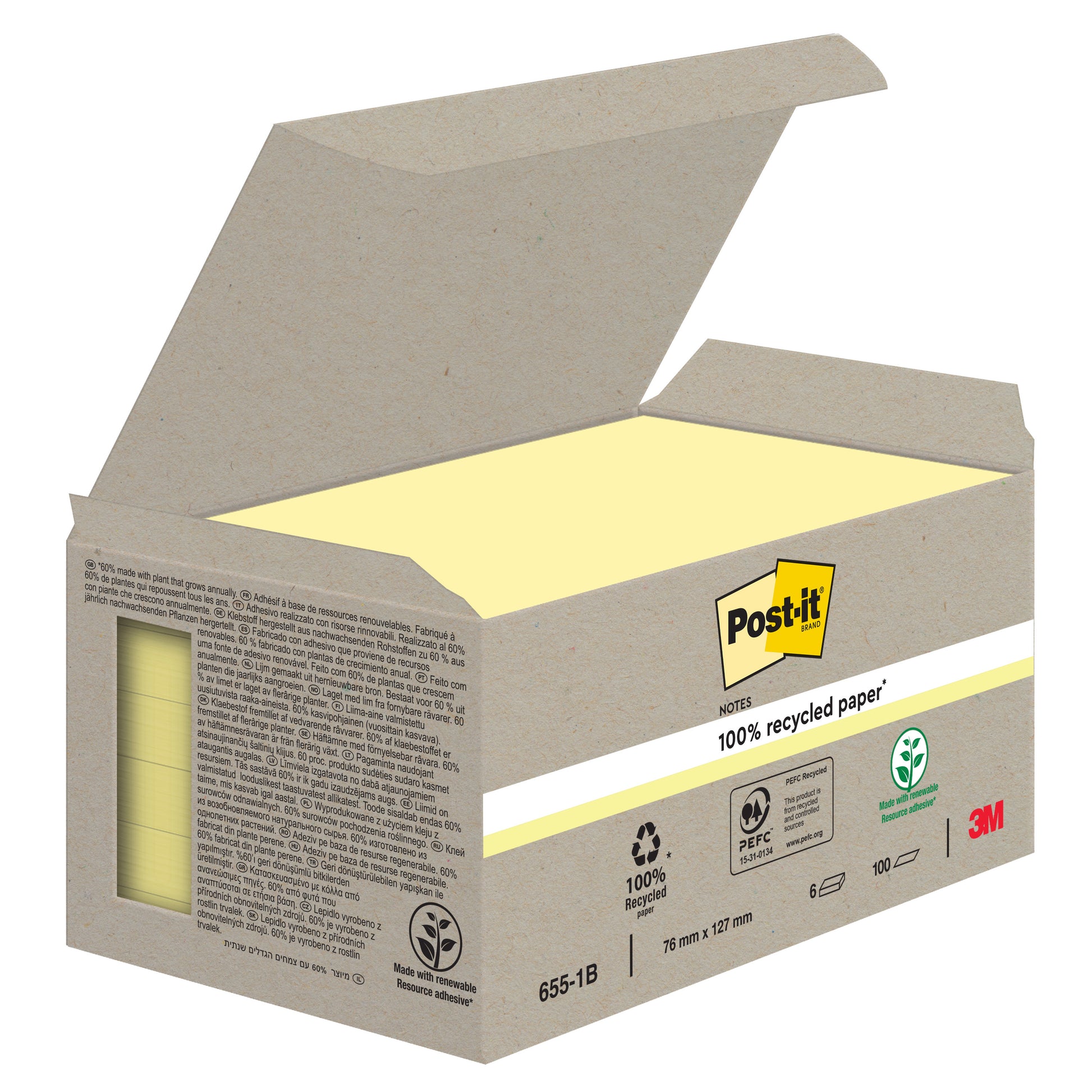 Eine geöffnete braune Kartonschachtel der 3M Deutschland GmbH Post-it® Recycling Notes (gelb, 76x127mm, 100 Blatt/Block, 6 Blöcke/Packung), hergestellt aus 100% PEFC-zertifiziertem Papier und mit umweltfreundlichen Zertifizierungslogos auf der Verpackung.