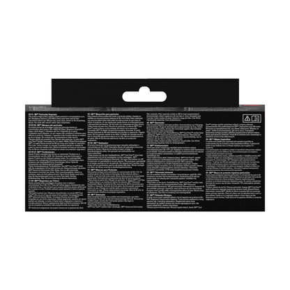 L'immagine mostra il retro di una confezione di 3M™ Aura™ Comfort Cool Flow™ Maschera antiparticolato 9322+, FFP2, con valvola di 3M Deutschland GmbH con istruzioni multilingue e avvertenze in piccolo testo bianco su sfondo nero e una linguetta per appendere in alto.