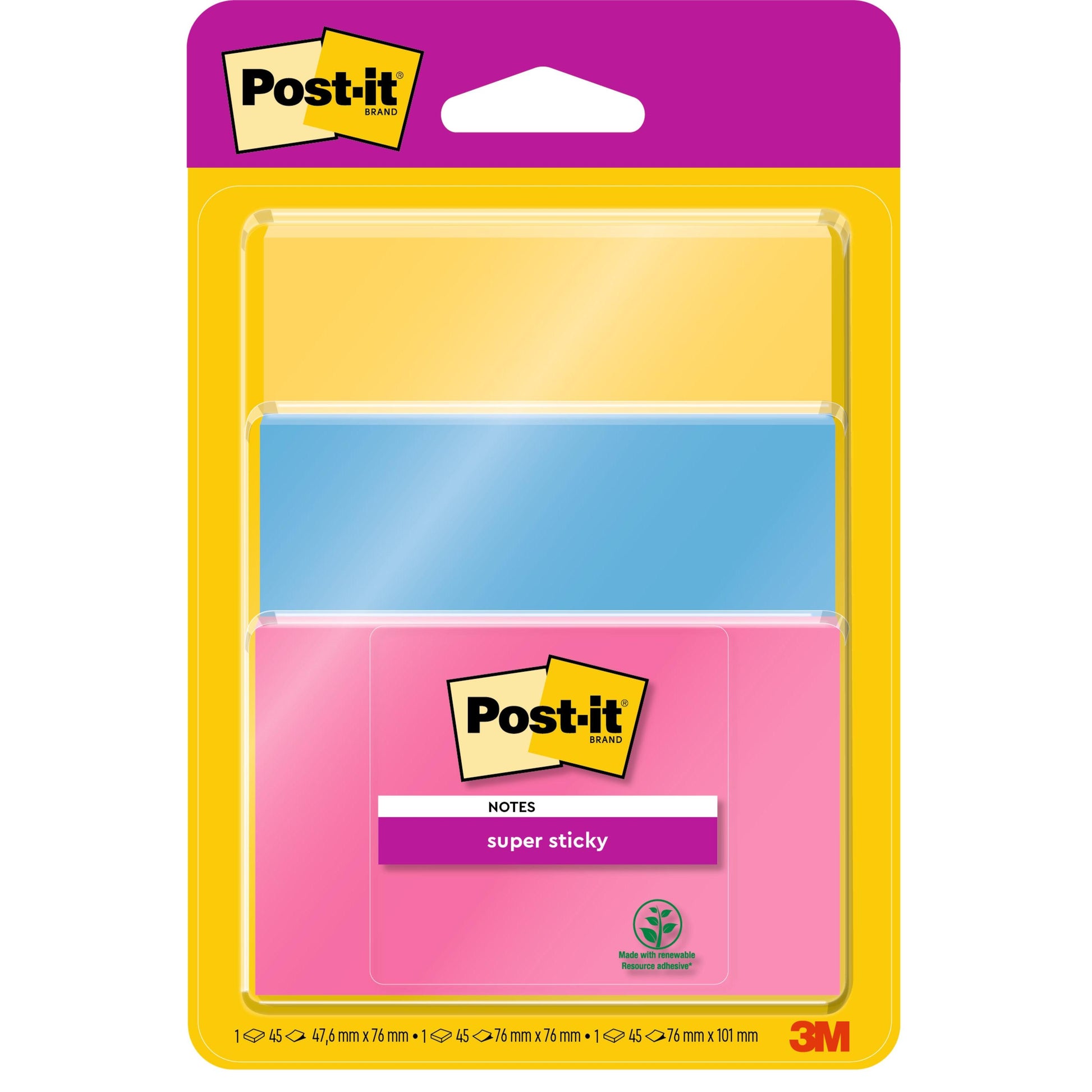 Eine Packung Post-it® Super Sticky Notes von 3M Deutschland GmbH enthält 3 Blöcke (je 45 Blatt) in verschiedenen Farben und Größen, PEFC zertifiziert (SGSCH-PEFC-COC-110078). Jeder Block misst 4,7 x 7,6 cm.