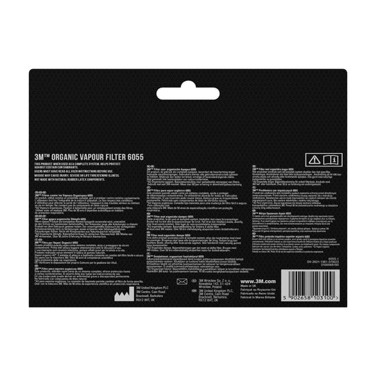 Die Rückseite eines 3M™ Filtersatzes 6004-1SP, ABEK1P3 Kombinationsfilter (2x6059, 2x5935, 2x501) von 3M Deutschland GmbH zeigt Produktdetails, Sicherheitshinweise und Vorschriften in mehreren Sprachen auf schwarzem Grund, mit einem hängenden Ausschnitt am oberen Rand.
