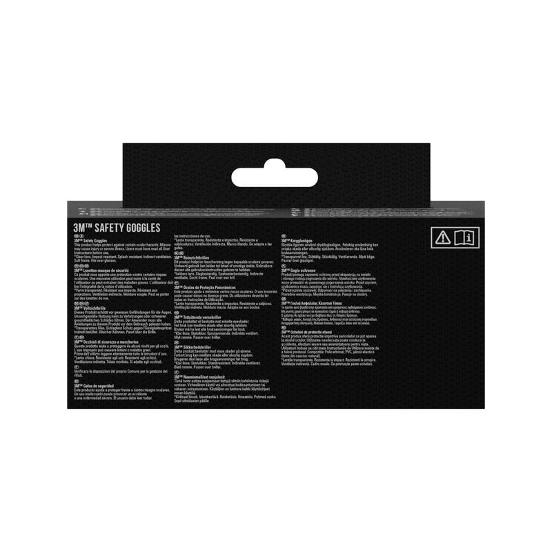 Il retro di una confezione degli occhiali protettivi 3M™ Classic 4800 di 3M Deutschland GmbH mostra dettagli del prodotto, istruzioni, precauzioni e avvertenze in più lingue su sfondo nero. Due simboli di sicurezza evidenziano il design della lente trasparente ventilata indirettamente.