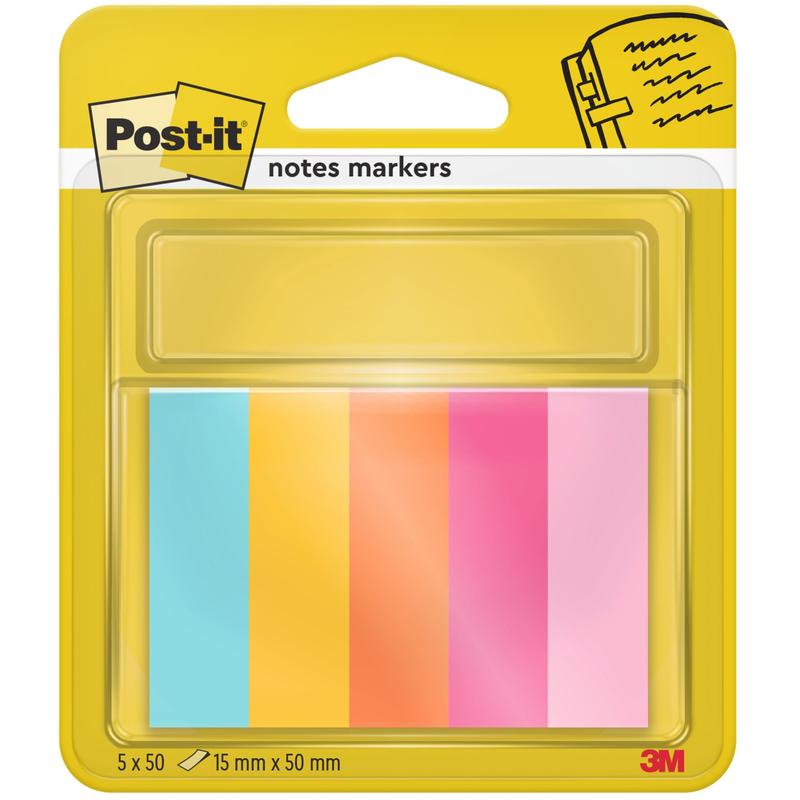 Una confezione di Post-it® Page Marker (15 mm x 50 mm, 50 fogli/blocco, 100% PEFC) della 3M Deutschland GmbH contiene cinque linguette colorate nei colori blu, giallo, arancione, rosa e rosa chiaro in un supporto trasparente su un imballaggio di marca giallo.
