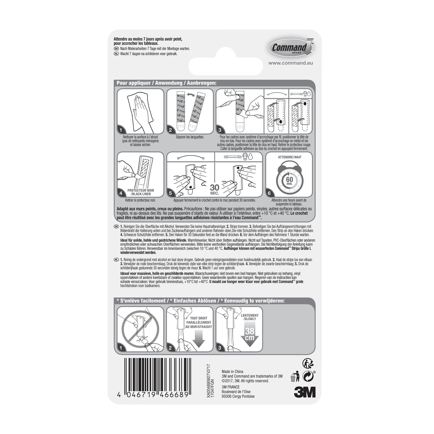 Die Rückseite einer Command™ Universal-Klebenagel 17047-Verpackung der 3M Deutschland GmbH zeigt eine bebilderte Schritt-für-Schritt-Anleitung zur rückstandsfreien Befestigung ohne Bohren, Sicherheitshinweise, Produktdetails, Barcode und mehrsprachigen Text.