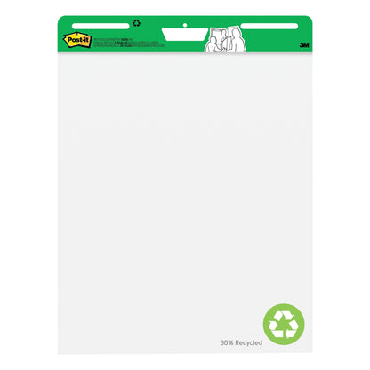 Ein großes, weißes Post-it® Super Sticky selbsthaftendes Recycling Meeting Chart 559RP (63,5 x 76,2 cm, 30 Blatt/Block, 2 Blöcke/Packung) von 3M Deutschland GmbH mit grünem Kopf mit Recycling-Symbolen und "100% PEFC". Der Block ist unbedruckt.