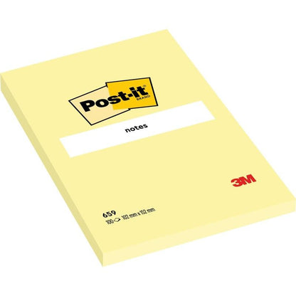 Un foglio di Post-it® giallo in formato grande (101 x 152 mm) della 3M Deutschland GmbH con il logo Post-it, la scritta "notes" e il logo rosso 3M nell'angolo in basso a destra.
