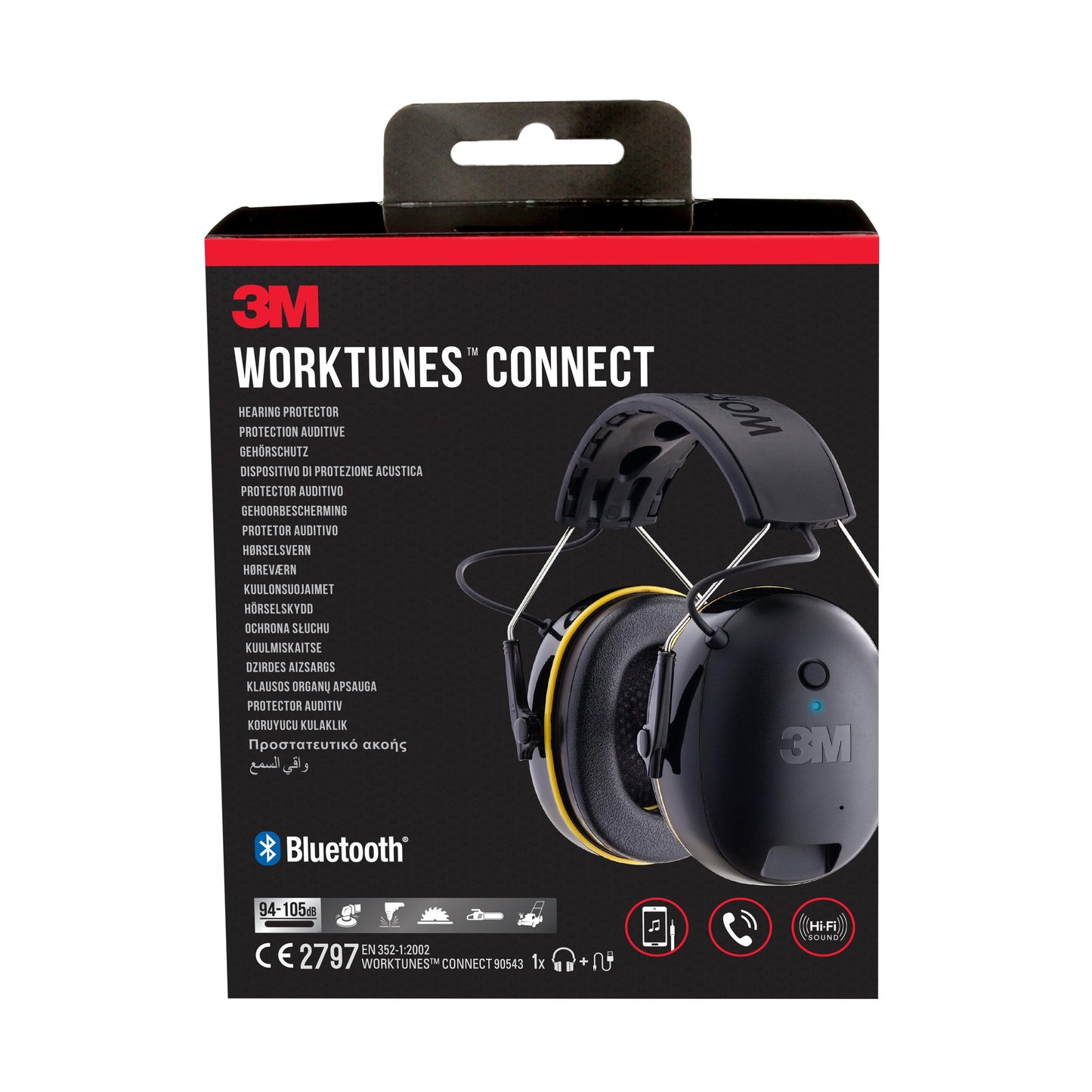 Die Abbildung zeigt eine Schachtel 3M™ WorkTunes™ Connect Kapselgehörschutz 90543E (Bluetooth®, SNR 31 dB, Schwarz, 1 Stück) der 3M Deutschland GmbH mit roter und weißer Schrift und einem Kapselgehörschutzbild auf der schwarzen Verpackung.