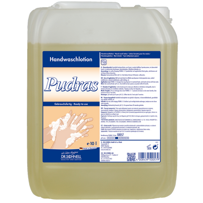 Der 10-Liter-Dr. Schnell PUDRAS ohne Duft und Farbstoffe der DR.SCHNELL GmbH & Co. KGaA ist hypoallergen, hautschonend und wird in einem blau-weiß beschrifteten Behälter mit Anwendungshinweisen und Handwaschbildern geliefert.
