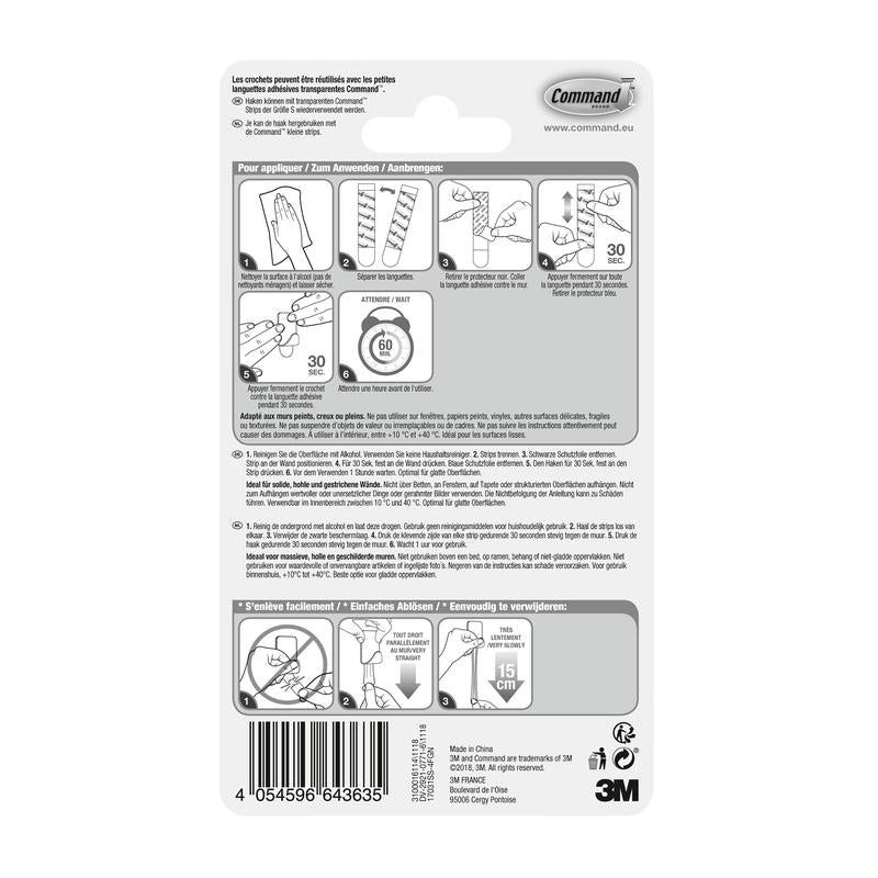 Sul retro del gancio in metallo in acciaio inossidabile Command™ taglia S, 17031SS-4ES (4 ganci, 5 strisce) di 3M Deutschland GmbH ci sono istruzioni multilingue con diagrammi, codice a barre, avvertenze di sicurezza, consigli per l'organizzazione murale e il logo 3M.
