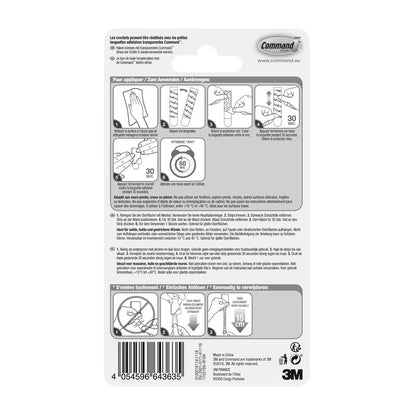 Sul retro del gancio in metallo in acciaio inossidabile Command™ taglia S, 17031SS-4ES (4 ganci, 5 strisce) di 3M Deutschland GmbH ci sono istruzioni multilingue con diagrammi, codice a barre, avvertenze di sicurezza, consigli per l'organizzazione murale e il logo 3M.