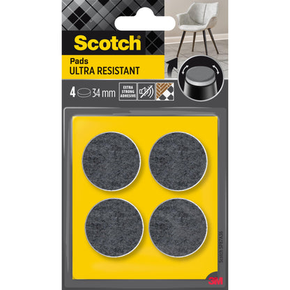 Eine Packung 3M Scotch® Extrem beständige Filzpads SP87A36 enthält vier selbstklebende, runde, graue Filzpads (Ø 34 mm) zum Schutz von Möbeln. Die grauen Filzpads (4/Packung) sind in der Abbildung oben rechts unter Stuhlbeinen abgebildet.