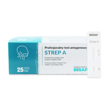 Una scatola di Strep A - Bisaf Professional 25 test di Altruan è mostrata accanto a un dispositivo di test rapido bianco con la scritta Strep A Test rapido con le aree "C" e "T". La confezione contiene 25 test per tampone faringeo per streptococchi di gruppo A.