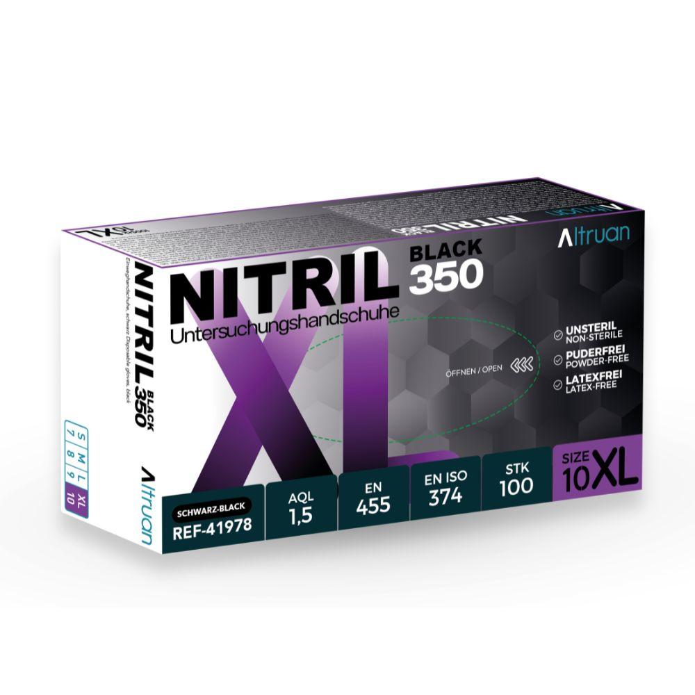 Una scatola di guanti monouso BINGOLD Altruan Nitril 350 Black - guanti da esame neri non sterili, senza lattice, senza polvere. Ogni scatola contiene 100 pezzi in confezione nera, bianca e viola.