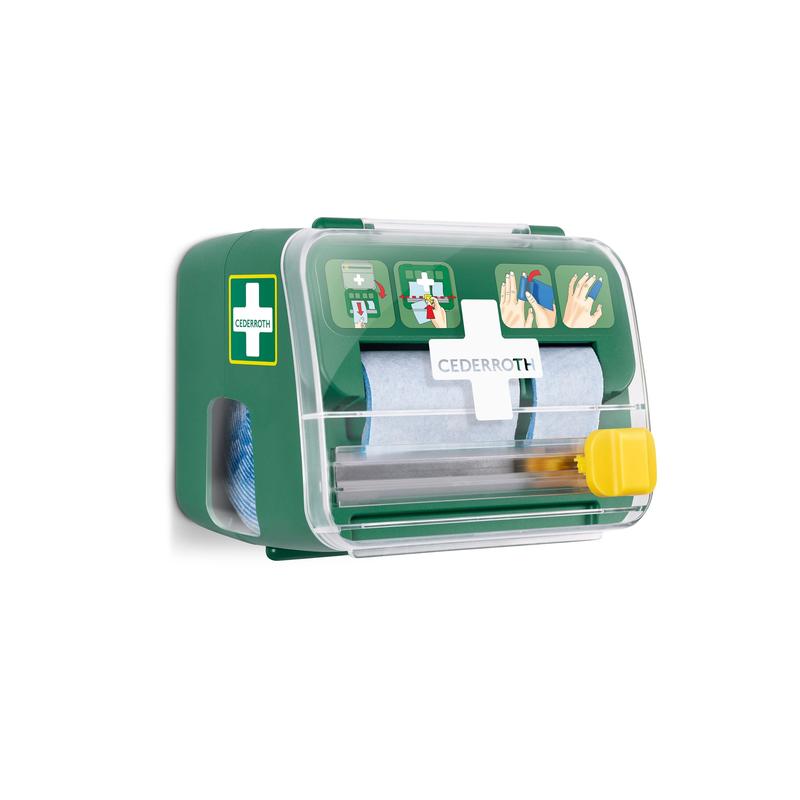 Il dispenser Cederroth Weichschaumbinde 2-in-1 di Orkla Wound Care AB è un set da parete verde-bianco con coperchio trasparente, che contiene materiale per bende (6 pezzi) e presenta un'istruzione illustrata sulla parte anteriore.