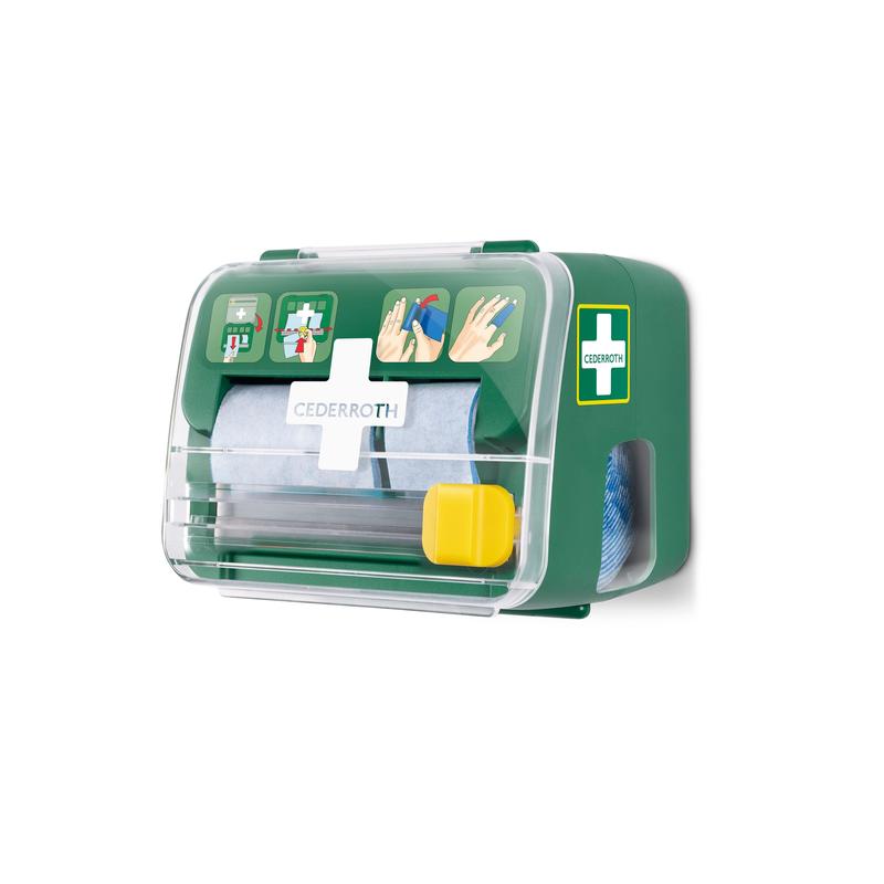 Un dispenser Cederroth Weichschaumbinde 2-in-1 verde e trasparente di Orkla Wound Care AB è montato su una parete bianca, contiene materiale confezionato e mostra un'istruzione illustrata di pronto soccorso sulla parte anteriore.