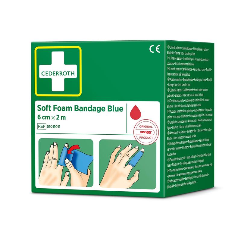 Una confezione di Cederroth benda in schiuma morbida blu 6 cm x 2 m di Orkla Wound Care AB, in una scatola verde con croce bianca, simbolo a goccia rosso e immagini per l'applicazione di bende per le dita. Contiene 1 pezzo.