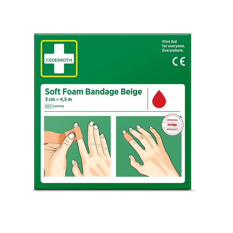 Una scatola verde con la scritta "Cederroth soft foam binde beige 3x450cm | Confezione (1 pezzo)" di Orkla Wound Care AB, con istruzioni per la fasciatura del dito, un simbolo di goccia rossa e il testo: "Primo soccorso per tutti. Ovunque.