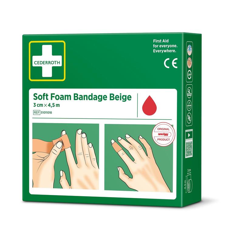 Eine grüne Schachtel mit der Aufschrift "Cederroth soft foam binde beige 3x450cm | Packung (1 Stück)" von Orkla Wound Care AB zeigt ein weißes Kreuz, das CE-Zeichen und Handabbildungen, auf denen die Bandage an den Fingern angebracht ist.