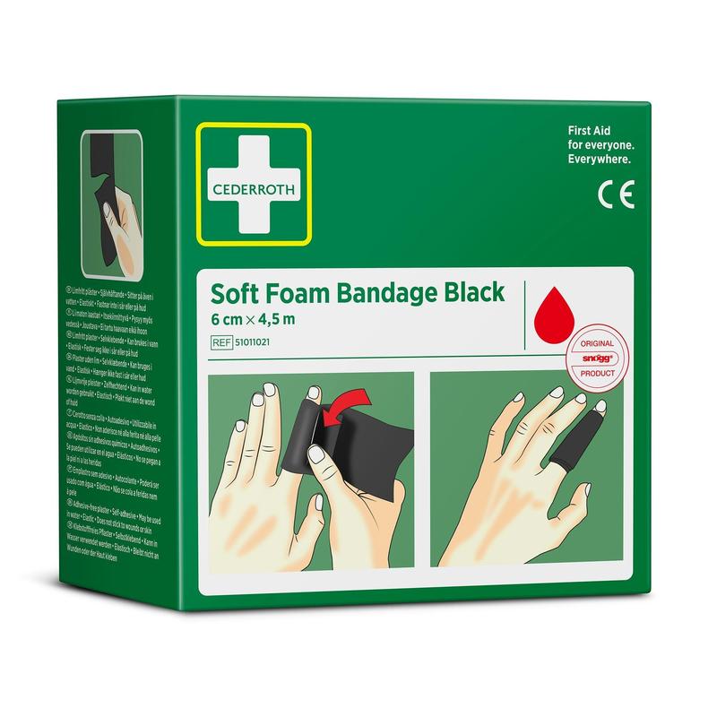 Una scatola verde con la scritta "Cederroth soft foam bandage nero 6 cm x 4,5m | Confezione (1 pezzo)" di Orkla Wound Care AB, con immagini di bendaggi in schiuma nera per le dita e un simbolo di goccia d'acqua rossa.
