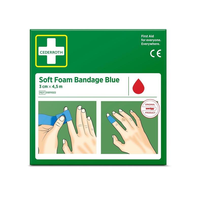 Una scatola verde con la scritta "Cederroth soft foam bende blu 3x450cm | Confezione (1 pezzo)" di Orkla Wound Care AB mostra immagini di mani che applicano una benda blu. Sulla scatola sono raffigurati una croce bianca e un simbolo a goccia rosso.