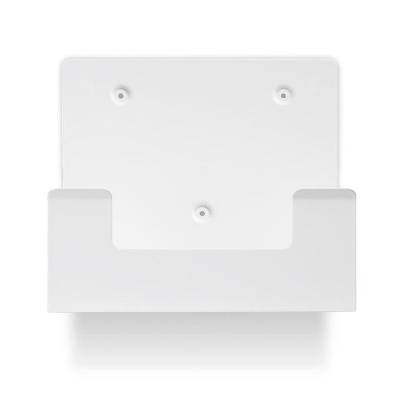 Un supporto da parete Orkla Wound Care AB bianco, rettangolare, per custodia per lavaggio oculare REF 51011042 (1 pezzo) con tre fori per viti e un'apertura frontale, rappresentato dall'alto su uno sfondo bianco semplice.