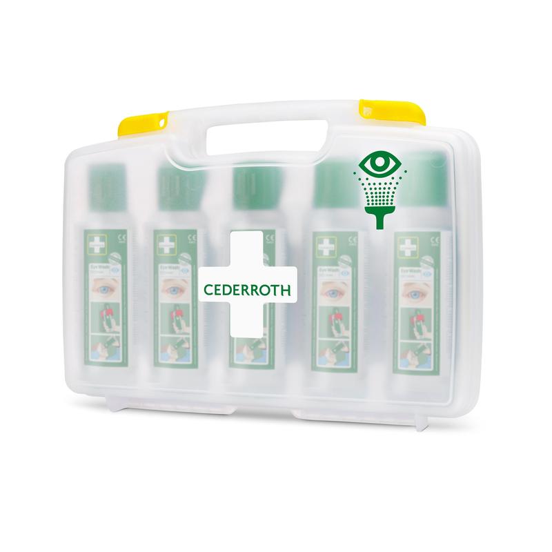 Il risciacquo oculare Cederroth di Orkla Wound Care AB (5x500ml) nella custodia portatile, REF 7255, è composto da una valigetta di plastica bianca con manico, parte anteriore trasparente, croce verde e simbolo di risciacquo oculare, che contiene cinque bottiglie.