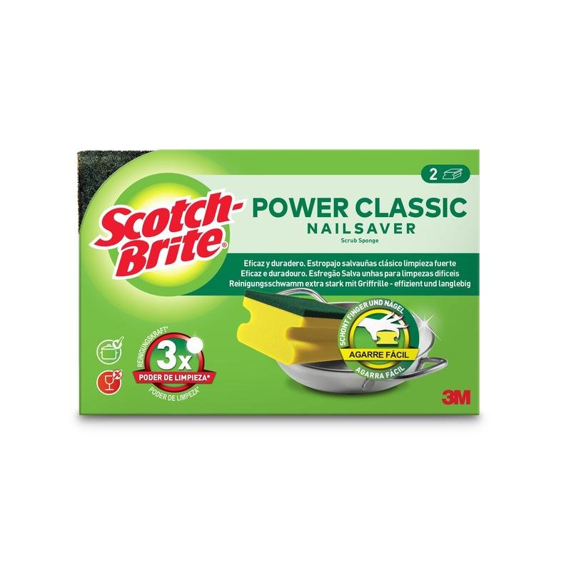 Una scatola di spugne con manico Scotch-Brite® Classic (2 pezzi per confezione) di 3M Deutschland GmbH, con due spugne giallo-verdi, marchio visibile, le caratteristiche principali delle prestazioni di pulizia e testo in spagnolo, portoghese e tedesco su sfondo bianco.