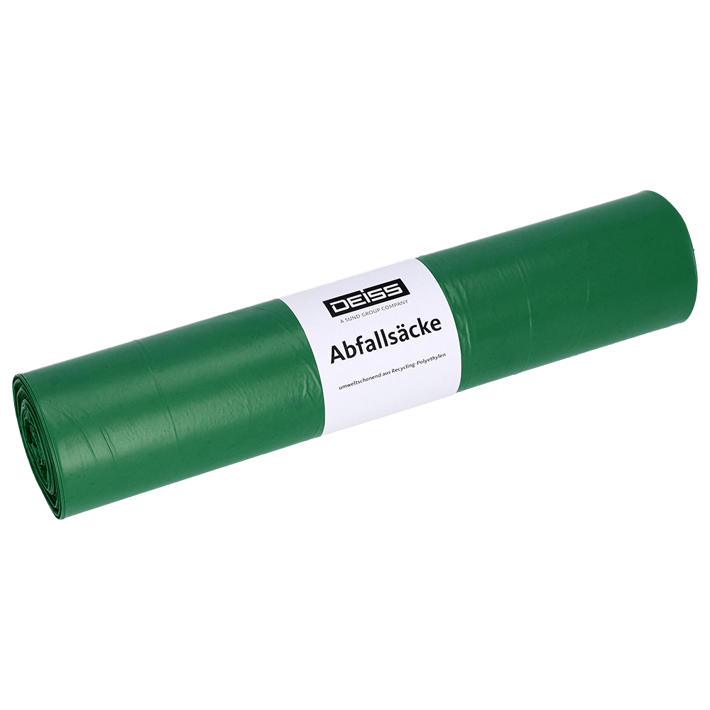 Un rotolo di sacchi della spazzatura DEISS 52001 (700x1100 mm, Tipo 20, verde, 50 pezzi) della EMIL DEISS KG (GmbH + Co.) si trova su uno sfondo bianco uniforme con un'etichetta bianca che mostra il marchio e i dettagli del prodotto.