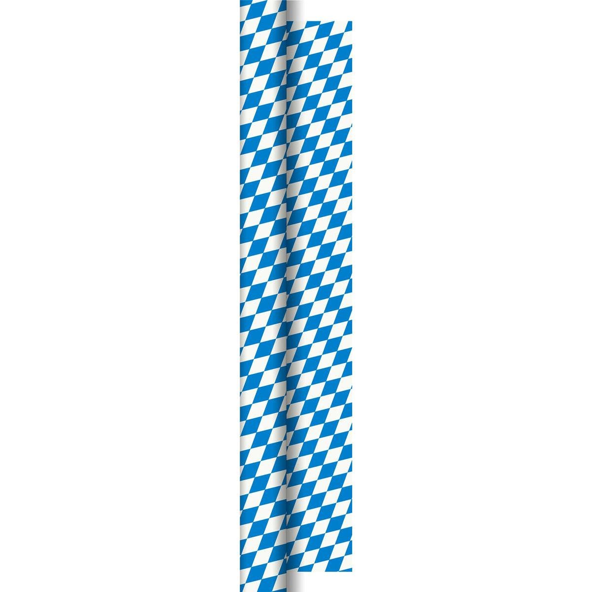 Un rotolo di decorazione da tavolo in carta 50x1,0m Bay. Raute della Duni GmbH con il classico motivo a rombi blu-bianco bavarese su sfondo bianco - ideale per progetti creativi e decorazioni a tema Oktoberfest.